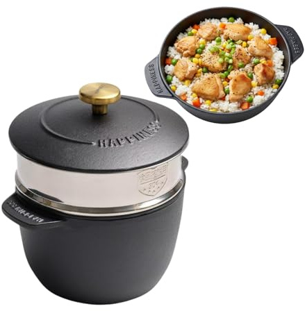 1.95 Quart Cast Iron Steamer Pot, Uncoated Cast Iron Rice Pot Dutch Oven Nonstick Saucepan with Lid & Stainless Steel Steamer Basket