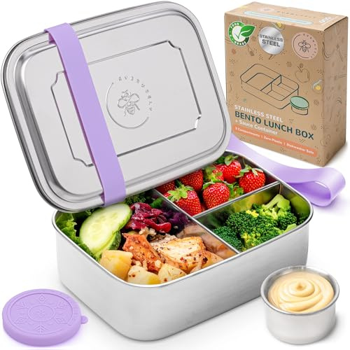 Everusely - Bento Box - Lavender, 37oz / 1.1 L - Stainless Steel Lunch Box & Leakproof Condiment Holder - 3 Compartment Snack Container Office Meals - Freezer & Dishwasher Safe