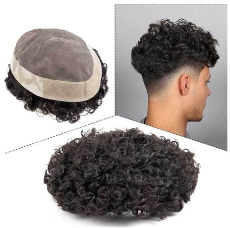 Cabello masculino Peluquín rizado for hombres, prótesis capilar transpirable de base mono for hombres, prótesis capilar masculina de cabello humano real, sistema de cabello Remy indio rizado de 15 mm