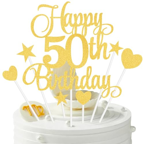 50th Birthday Cake Decorations, 7Pcs Happy Birthday Cake Topper with Heart Star Cupcake Picks, Gold Glitter Happy 50 Years Old Birthday's Sign for Party Supplies
