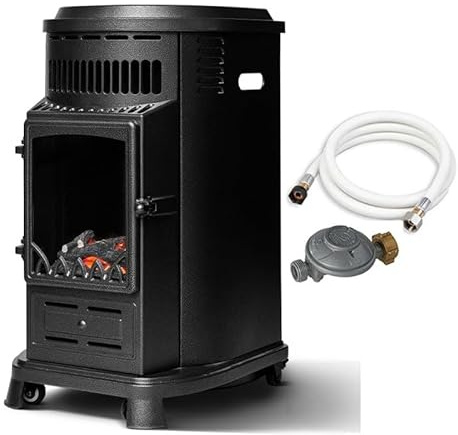 FAVEX - Chauffage d'appoint à gaz Belfort - Prêt à l'emploi livré avec tuyau et détendeur - Infrableu effet feu de cheminée - 6 puissances de chauffe Thermostat - Jusqu'à 40 m² - Noir