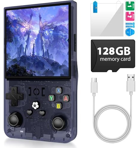 R36 Max Retro-Spielekonsole, tragbare Handheld-Konsole mit 4,0-Zoll-Bildschirm, Linux-System, 128 GB TF-Karte, unterstützt 30+ Emulatoren, 4000 mAh wiederaufladbarer tragbarer Taschen-Arcade