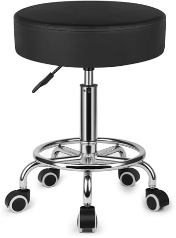 Faazy PU Leder Rund Gepolstert, Arbeitshocker Höhenverstellbar Rollen mit Fußstütze, 360° - Drehung Drehocker ，Tragfähigkeit 150kg für Spa Zeichnung Salon