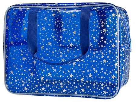 TotePrint Dark Blue Clear Star Large Cosmetic Bag and Travel Pouch with Handle,Durable Material,Zipper Design-Ideal for Makeup,Travel Essentials (Dark Blue)