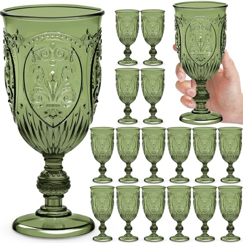 Wiwiqing 18 Pack Plastic Goblets 10oz Upgrade Vintage Water Goblet Plastic Wine Glasses Colored Retro Embossed Glassware for Party Wine Bar Juice Baby Shower Wedding Reception Grand (Olive Green)