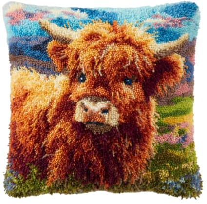 ZUHK 3D DIY Latch Hook Kits -17x17 Inch with Colorful Printed Canvas,Beginners Animals Latch Hook Pillow Kit,fit for Christmas, Halloween,Home Sofa Decoration (Brown Cow)