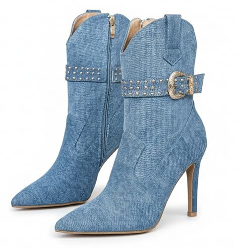 NBZKBNG Women's Denim Stiletto Heel Ankle Boots with Studded Buckle Strap Stylish Pointed Toe Side Zipper High Heel Casual Mid-Calf Booties for Party Prom Office (Blue,10)