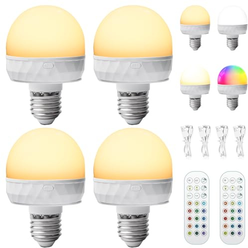 GBKDQQ - Juego de 4 bombillas LED recargables con mando a distancia, material de PC, regulable, casquillo E27, magnético, RGB, batería con función de temporizador, iluminación de emergencia para