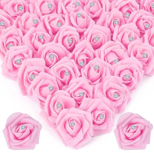 LUMINORD 100Pcs Realistic Pink with Diamonds Artificial Rose Flower Heads, Foam Fake Roses for DIY Wedding Decorations Baby Shower Centerpieces Home Party Valentine's Day Mother's Day Decor