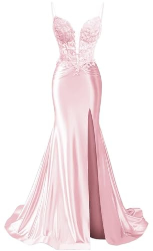 HPPEE Vestidos de mujer con cuello en V de satén con abertura de encaje estilo sirena para fiesta formal vestido de noche largo de gala, rosa, 50 Grande