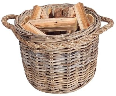 Wicker Log Basket with Rope Handles Hand Woven Kindling Basket (Medium)