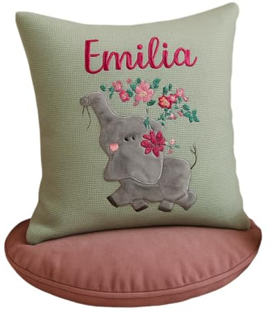 Generisch Almstübchen Kissen aus Waffelpique Bestickt und Personalisiert Boho Elefant aus 100% Baumwolle 40x40 cm für Kinderzimmer Dekokissen mit Tiermotiv