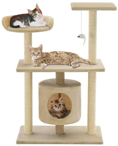 Gecheer Rascador para Gatos, Casa de Juegos con Poste Rascador, Plataformas y Hamaca, Beige, para Mascotas, 70 x 45 x 95 cm