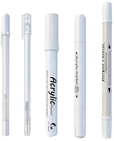 Lizricona White Gel Pen for Art, White Writing Pens, Set 5-Pack Including 2 Double-Sided Highlighters, Assorted Tips in 0.6/0.8/1/2/6 mm, for Artists and Beginners Drawing on Paper Stone Tire & More