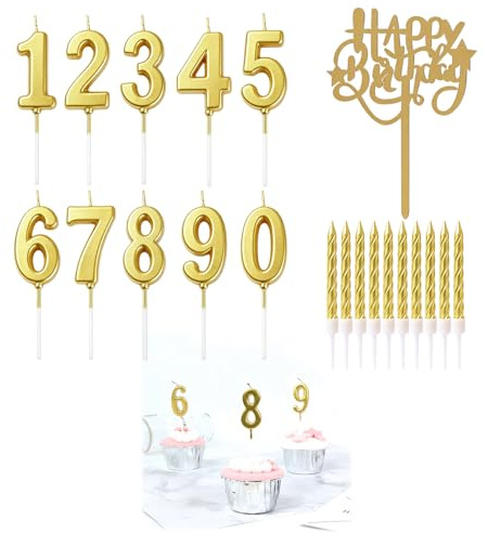 Juego de 20 Velas de Cumpleaños con Números Dorados y en Espiral, Decoración Elegante para Tartas, Usos Múltiples, Incluye Velas de Números de 0 a 9, Material Seguro y Libre de Humo para Celebraciones