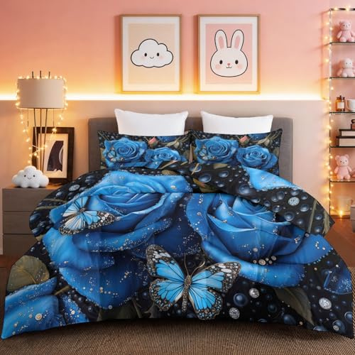 Edredón de Plumón 4 Estaciones 180 × 200 cm Azul, Relleno Nórdico Transpirable 3D Elegante Flores Mariposa, Edredón Cálido y Suave con 2 Fundas de Almohada