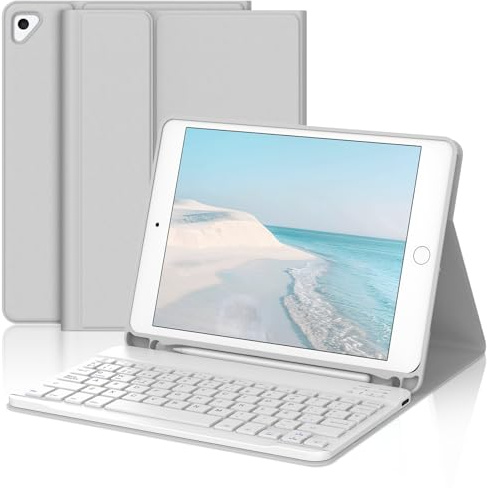 Funda con Teclado para iPad 6a Gen 2018/5a Gen 2017 9.7 Pulgadas, Teclado Bluetooth Desmontable con Caso Delgado y Portalápices para iPad Pro 9.7 2016/iPad Air 2 2014 y iPad Air 1 2013-Gris Claro
