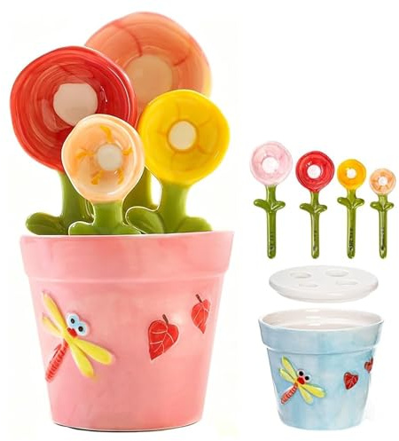 Blumentopf-Messlöffel-Set aus Keramik, Blumen-Messlöffel und -Becher, Niedliche Backmesslöffel für trockene und flüssige Zutaten, Backmesslöffel für Küche Geschenk，Rosa