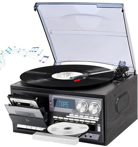 Schallplattenspieler, Kassettenspieler mit 3-Gang-Bluetooth-Vintage-Plattenspieler, weniger Lärm, mattierte Staubabdeckung, eingebaute Lautsprecher, FM-Radio, USB, CD-Player, Boombox, Music Center