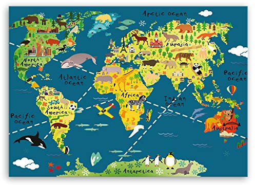 ge Bildet Bild auf Leinwand | Weltkarte für Kinder - Dunkelblau - bild für kinderzimmer in 70x50 cm als Wandbild | Wand-deko Dekoration Wohnung modern Bilder | 1465II
