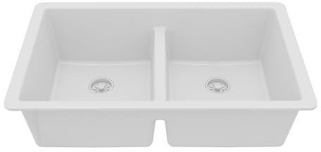 Karran 32 White Quartz Composite Undermount Double Bowl Kitchen Sink with Low Divider – 50/50 Equal Bowl, 535°F Heat Resistant, Sound Dampening, QU-810