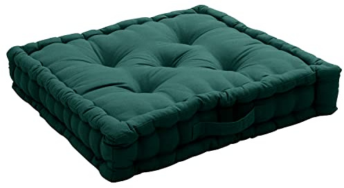 Cuscino da pavimento con maniglia, 50 x 50 cm, verde scuro, 100% cotone certificato Oeko Tex, imbottitura 100% cotone riciclato, imbottito per garantire una buona tenuta, collezione Panama, Enjoy Home