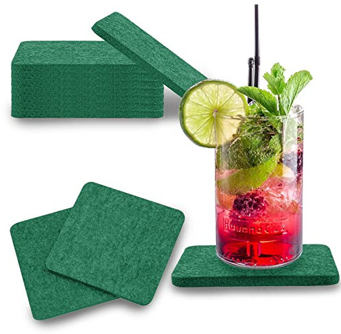 wortek Posavasos de fieltro rectangular para vasos, juego de 8 posavasos de cristal para bebidas, tazas, bar, cristal, diámetro de 10 cm, posavasos lavables, juego de posavasos de cristal verde oscuro