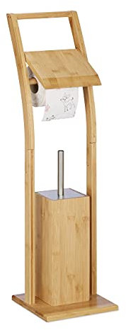 Relaxdays Set da Bagno, per WC, Bambù e Acciaio, Portacarta Igienica, Porta Scopino, Autoportante, 74x20x20 cm, Naturale