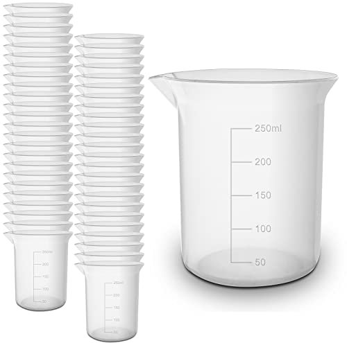 50 Pack (Full Case) - RE-GEN 250ml Graduated Clear Plastic Measuring Beakers Cups – Ideal for Laboratory, Home, Kitchen, Cooking, DIY, Arts & Crafts