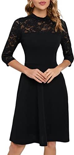 HOMEYEE Damen Elegant Spitze 3/4 Ärmel Rockabilly Kleid Retro Knielang Cocktailkleid für Hochzeit A368 (L, Schwarz)