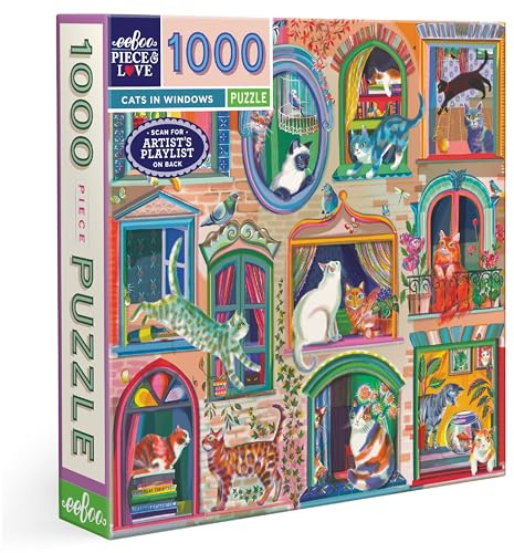 eeBoo Piece & Love: Katzen im Fenster – 1000 Teile Puzzle – Erwachsenen-Puzzle, quadratisch, 23 x 23 cm, inkl. Bildreferenzeinsatz, glänzende Teile