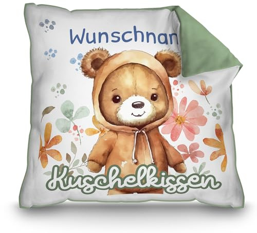 Print Royal PR Personalisiertes Kuschel-Kissen für Kinder mit Füllung - mit Name selbst gestalten - Bär Kissen für Mädchen und Jungs, Kinderkissen mit Name | 40 x 40 cm, Rückseite Grün