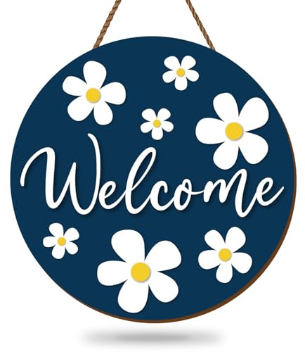 Whaline Daisy Welcome Wooden Hanging Sign Spring Daisy Flower Door Sign Farmhouse Rustic Front Door Hanger Wreath for Indoor Outdoor Home Porch Window Decor