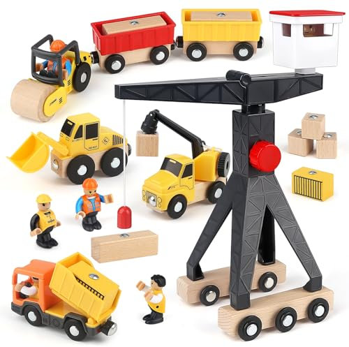 Vanplay Construction Toys for 3 4 5 6 Year Olds, Wooden Construction Vehicle Toys Set with Tower Crane Digger Dump Truck Road Roller, Boys Gift for Kids Toddler