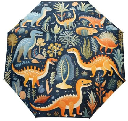 KAAVIYO Marineblaue Bunte Dinosaurier Regenschirm Auf-Zu Automatik Taschenschirm Winddichter Umbrella Klein Leicht Schirm Kompakt Schirme für Jungen Mädchen Reise Strand Frauen