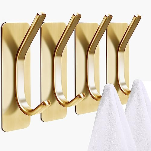 Loppdece 5 Stück Selbstklebende Haken, Handtuchhaken Ohne Bohren, Gold | Edelstahl Klebehaken Extra Stark, Wasserdicht, Wandhaken, for Bad and Küche