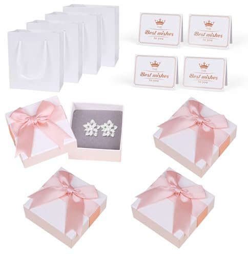 GOTFUN 4 stycken smycken presentförpackning, små presentlådor, 7 x 7 x 3,5 cm smycken, presentförpackning med lock och gratulationskort, liten presentpåse, smyckeslåda för armband, ring, halsband,