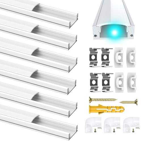 Chesbung LED Aluminium Kanal Weiß, 6X1m Leisten U Form LED Profil für LED-Streifen (1-12mm), Eckprofil Diffusor mit Milchiger Weißer Abdeckung, Endkappen, Metall Clips und 90 Grad Eckverbindern
