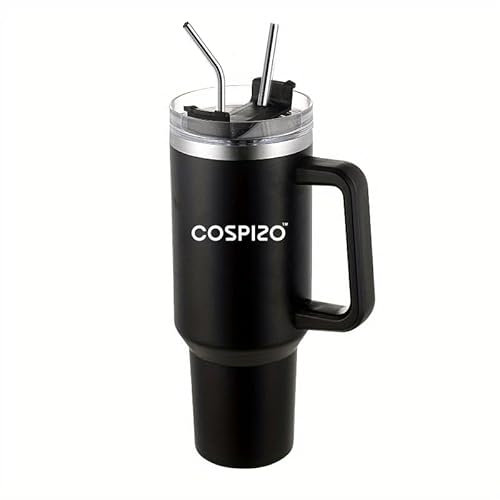 COSPIZO Tumbler with Straw and Lid - Hot Drink Mug for Travel & Trip, Thermal Coffee & Tea Mug - Insulated Hot Water Flask Cups with Lids & Handle, Made of Stainless Steel (Black)