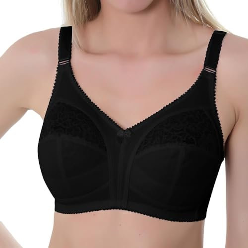 Gemm Ladies Black Non Wired Lace Trim Plus Size Bra with Large Cup Sizes Full Firm Support (46 J, Black)