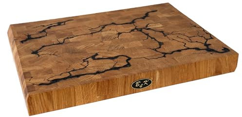 B4K® Bloque de madera de roble 40 x 30 x 4 cm, diseño de destellos Lichtenberg, tabla de cerdo con asas, cortante manual, antibacteriana y respetuosa con los cuchillos
