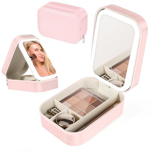 Reise-Make-up-Tasche mit LED-Spiegel, LED-Make-up-Tasche, Kleiner Make-up-Organizer mit Licht, tragbare Make-up-Box mit Spiegel und Licht, Geschenk für Mädchen und Frauen (Rosa)