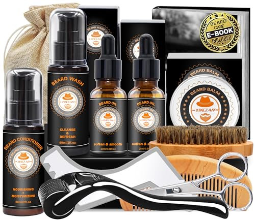 Bartpflege Set mit Bart Conditioner,Bartshampoo,Bartöl,Bart Balsam Bartbürste, Bartschablonen, Bartkamm,Bartpflegeset Bartwuchsmittel Männer Geschenke für Männer Papa (Sweet Orange)