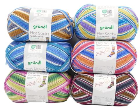 Sockenwolle Paket Gründl Hot Socks Cashmere, 6x100g Sockengarn mit Kaschmir, Strumpfwolle 4fädig, 75% Wolle, 20% Polyamid, 5% Kaschmir
