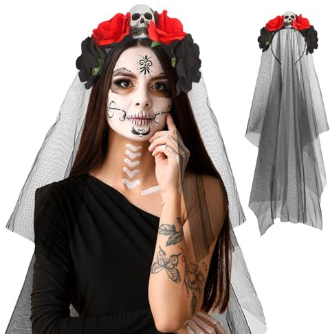 XIMEY Dia de los Muertos Halloween-pannband svart slöja, svart brudslöja, dag för de döda blommapannband, Halloween-pannband damtillbehör, maskerad-svart röd