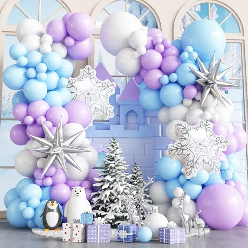 Guirnalda de globos de Frozen para decoración de cumpleaños, guirnalda de globos, decoración de invierno, azul y lila con copo de nieve, plata, explosión, estrella, globos para niñas, cumpleaños, baby