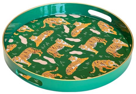 Simmer Stone Round Decorative Tray, Marbling Plastic with Handles, Modern Vanity and Serving for Ottoman, Coffee Table, Kitchen and Bathroom, Size 13 INCH (Tiger green)