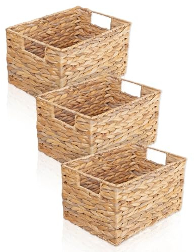 FRIHET Aufbewahrungskorb geflochten aus Wasserhyazinthe rechteckig | Aufbewahrungsbox mit Griffen | Wäschekorb klein, Kleiderschrank Organizer uvm. | versch. Größen (3er Set, Gr. 2)