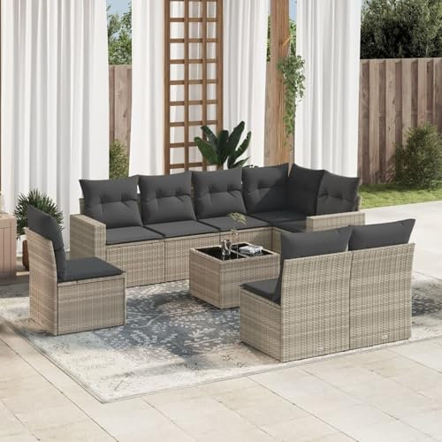 Homgoday Gartenmöbel-Set, 9-teilig, mit Kissen, hellgrau, Polyrattan, Möbeldekor, Set Schlafsofa, Wohnzimmer, Couch, modernes Set für Outdoor-Sofa für den Garten, Modell 3219072