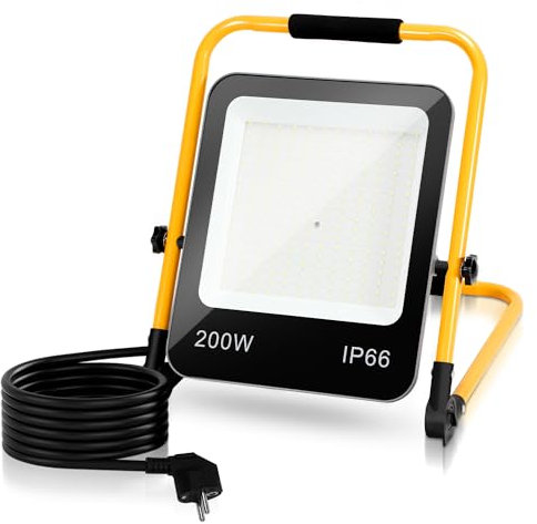 Jiubiaz LED Baustrahler 150W 13000LM Baustellenlampe IP66 Wasserdicht Arbeitsleuchte Strahler 6000K Kaltweiß Bauscheinwerfer 3M Kabel und Faltbarer Ständer für Baustelle Garage Werkstatt